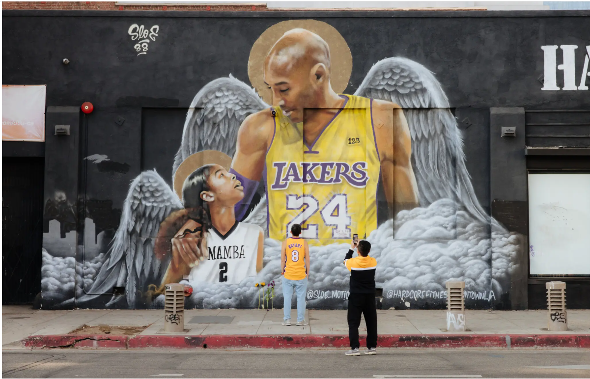 After Kobe Bryant’s death in 2020, Louie Palsino spent about two weeks on a 20-foot ladder painting a mural that memorializes Bryant and his daughter Gianna. Credit...Joyce Kim for The New York Times 
https://www.nytimes.com/2025/01/26/arts/design/kobe-bryant-murals-los-angeles.html
