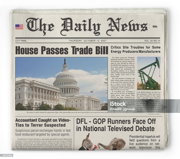 Bogus newspaper with fake articles shot on white background with clipping path