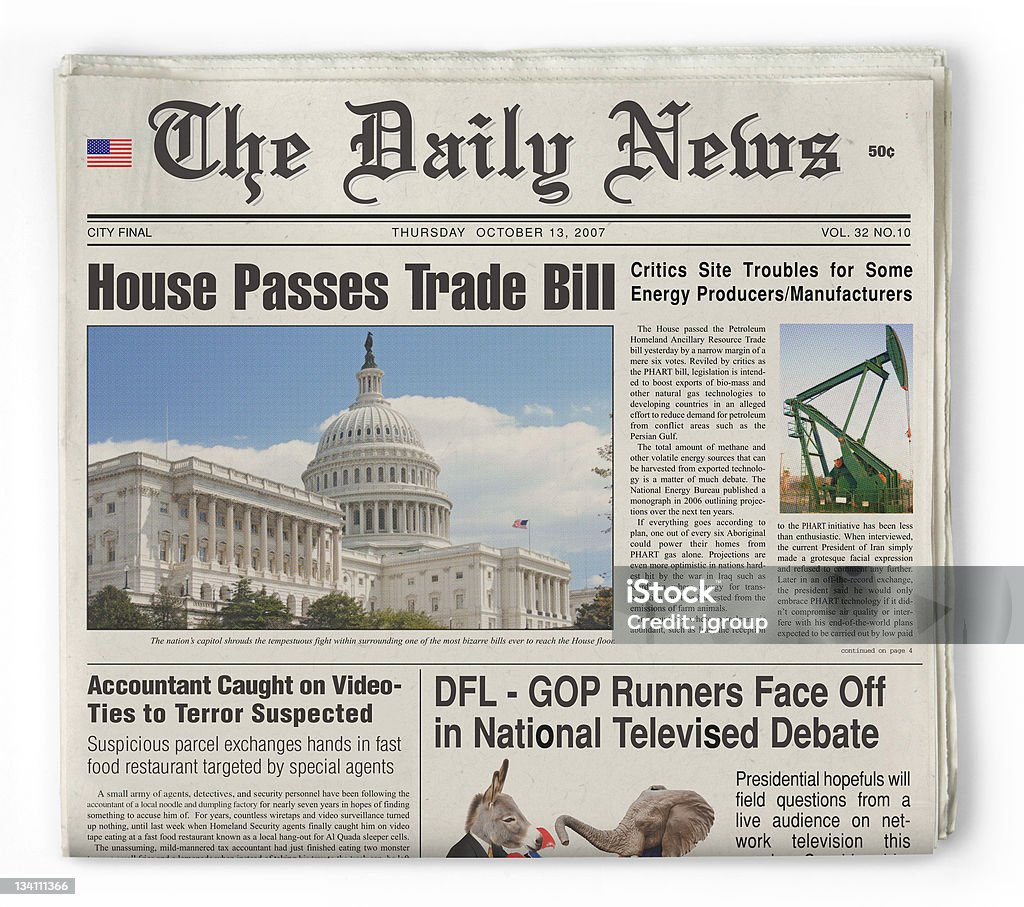 Bogus newspaper with fake articles shot on white background with clipping path