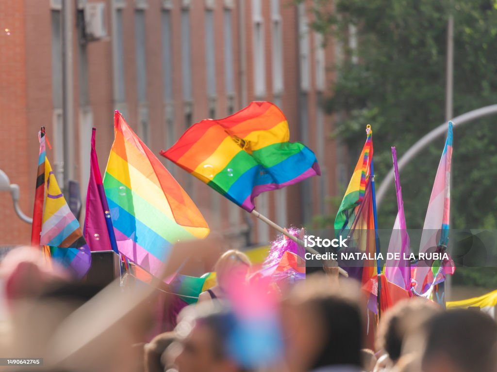 Pride day 2023. People at the pride parade with LGBTIQ flags celebrating the LGBTIQ rights